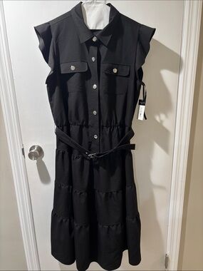 Tahari Black Tiered Shirt Dress with Belted Waist